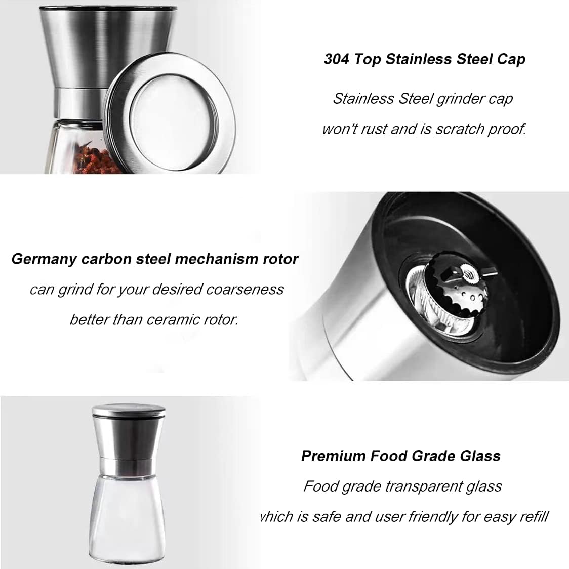 Professional Pepper Grinder - with Germany Hardened Carbon Steel Mechanism Rotor, Refillable Pepper Mill 6OZ Glass Adjust Coarseness (1PCS-Sliver-304）