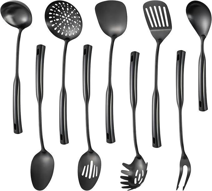 304 Stainless Steel Kitchen Cooking Utensils Set - 9 PCS Serving Utensils, Include Skimmer, Soup Ladle, Spaghetti Server, Wok Spatula, Slotted & Solid Spoon, Slotted Spatula Turner, Meat Fork (Black）