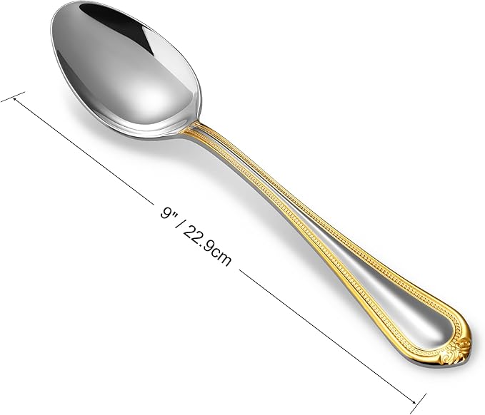 KEAWELL Pearl Edge 4-Piece Premium Spoon Set, 18/10 Stainless Steel, Fine Silverware Spoons with Refined Bead Design, Brightly Polished, Dishwasher Safe (Gold Accent, 9" Serving Spoons)