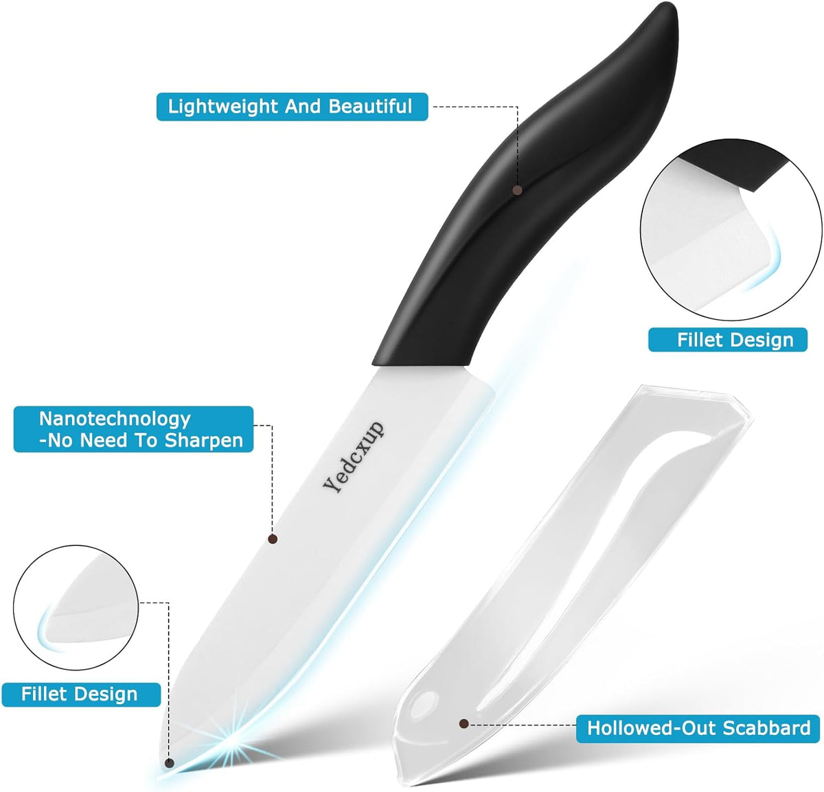 4Pcs Ceramic Kitchen Knives with Covers,2Pcs Metal Peeler,Sharp and Lightweight Blades,Not Rust,Non-Stick,Comfortable Ergonomic Handle,for Cutting Vegetables,Fruits and Boneless Meat.