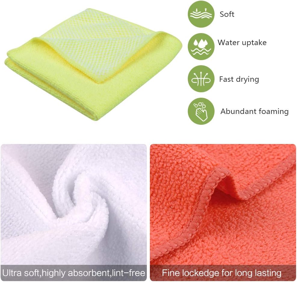 SINLAND Microfiber Dish Cloth for Washing Dishes Dish Rags Best Kitchen Washcloth Cleaning Cloths with Poly Scour Side 5 Color Assorted 12inchx12inch 10pack