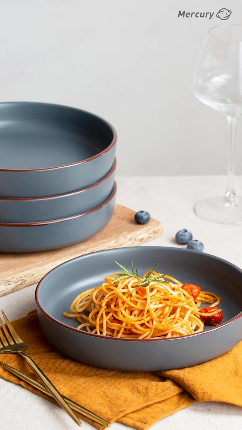 famiware Mercury Pasta Bowls Set of 4, 33 oz Large Salad Bowls, Ceramic Pasta Plates Bowls, Serving Bowls for Kitchen, Microwave & Dishwasher Safe, Charcoal