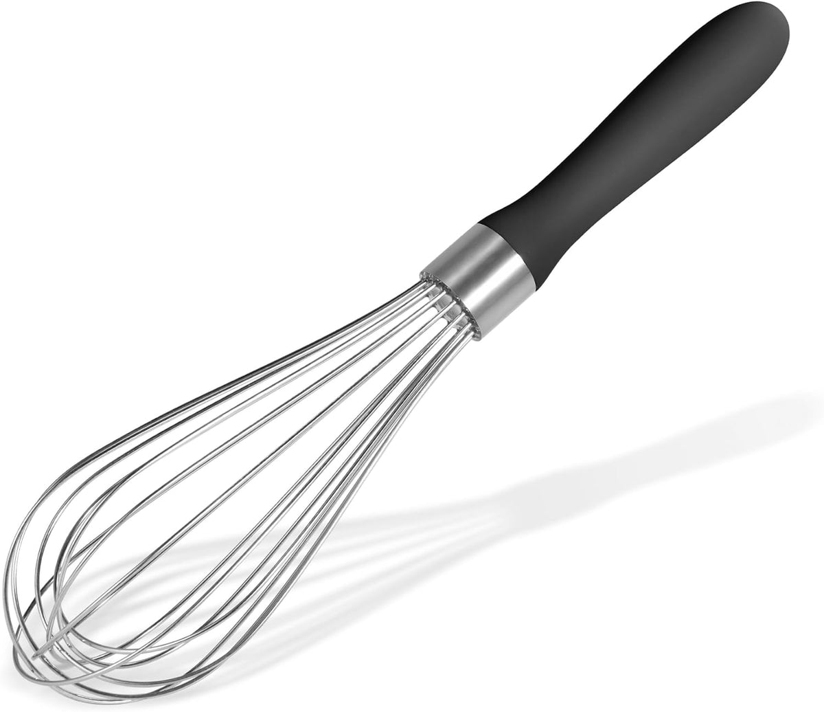 18/8 Stainless Steel Balloon Whisk, Doosu Kitchen Whisk for Cooking Handheld Egg Beater with Rust-Proof Sturdy Wires & Non-Slip Silicone Handle for Beating, Stirring, Blending (8 Wires, Black)