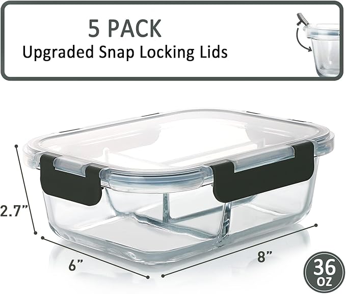 M MCIRCO [5-Pack, 36 oz] Glass Meal Prep Containers 3 Compartment with Lids, Glass Lunch Containers,Food Prep Lunch Box,Bento Box,Microwave, Oven, Freezer, Dishwasher (4.5 Cups)