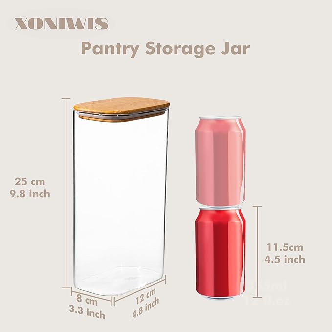 63oz 3PCS Rectangle Glass Storage Containers with Bamboo Lids, Glass Jars with Lids, Clear Food Jar, Square Canister, Pantry Organizers and Storage for Flour, Pasta, Coffee, Tea, Snack, Cookie