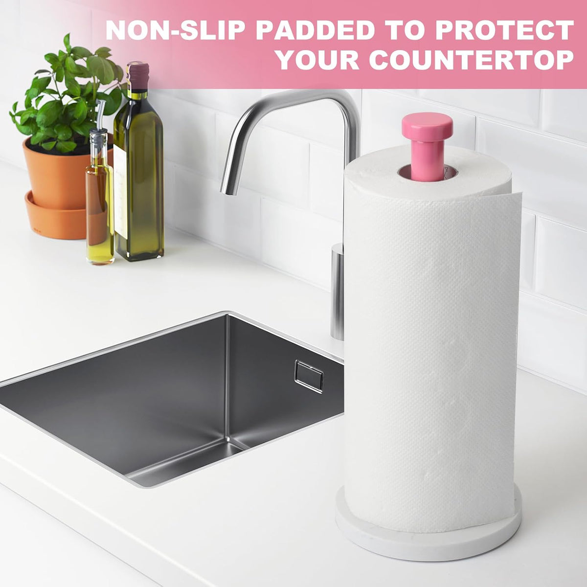 Standing Paper Towel Holder, Kitchen Paper Towel Roll Holder- for Bathroom Kitchen Countertop with Weighted Marble Base for One-Handed Operation (Pink), Pink Paper Towel Holder