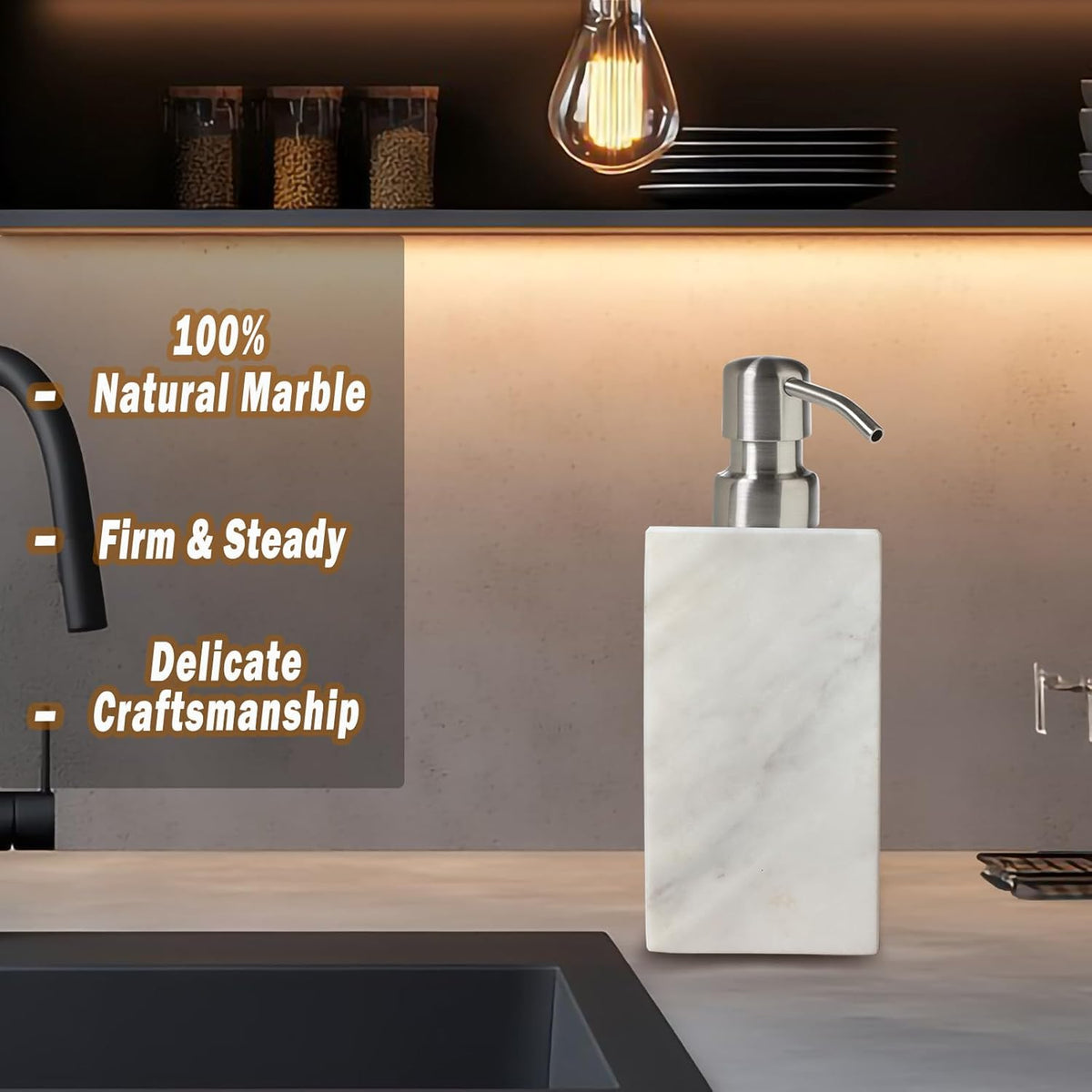 Hand Liquid&Lotion Soap Dispenser Pump Bottle Natural Marble for Kitchen Bathroom Countertop Laundry Room Holds Dish Soap Shampoo Laundry Liquid Shower Gel (Sir White)