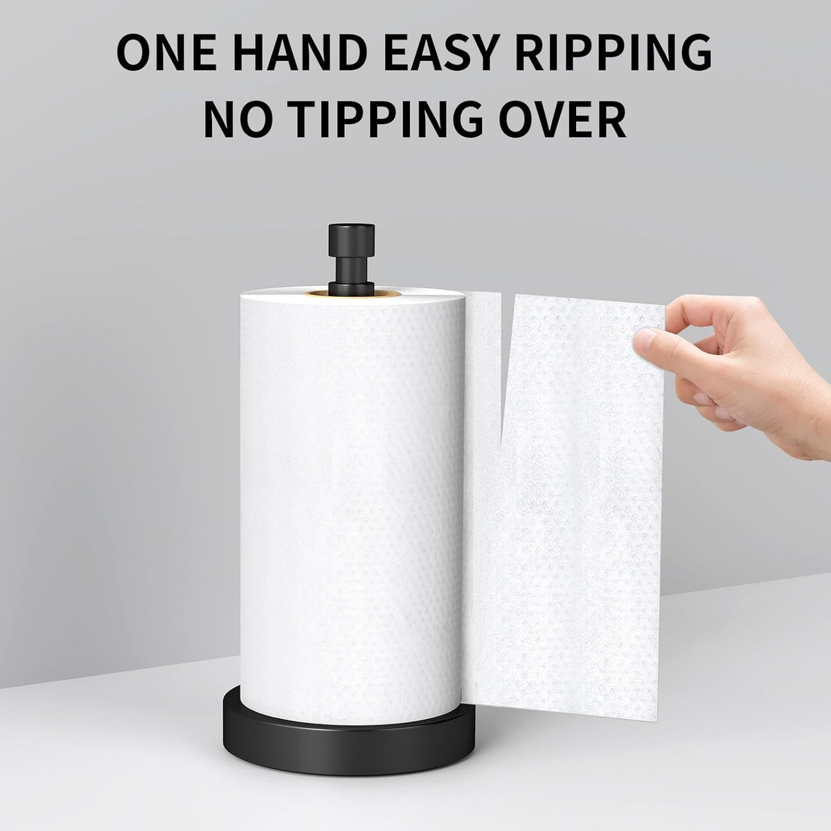 Paper Towel Holder Countertop, Black Paper Towel Holder with Weighted Base Non Slip, Standing Paper Towel Roll Holder for Kitchen Bathroom, Easy One-Handed Operation, Stainles Steel (Matte Black)