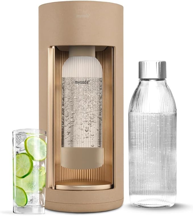 Mysoda Glassy Sparkling Water Maker + 1L Glass and Plastic Bottle - Silent Carbonated Water Machine Soda Maker with Sliding Door Opening - No Cylinder Included - Latte