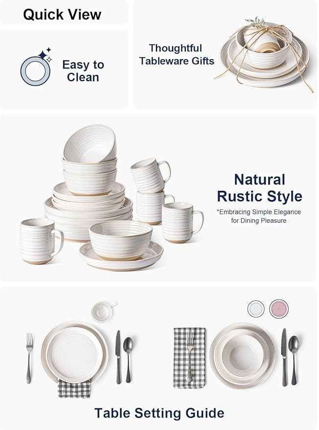 LE TAUCI Dinnerware Sets 16 PCS, Stoneware Plates and Bowls Set, House Warming Wedding Present, Serve for 4 (10" Dinner Plates + 8" Salad Dish + 28 oz Cereal Bowl+12oz coffee mugs) x 4, Arctic White