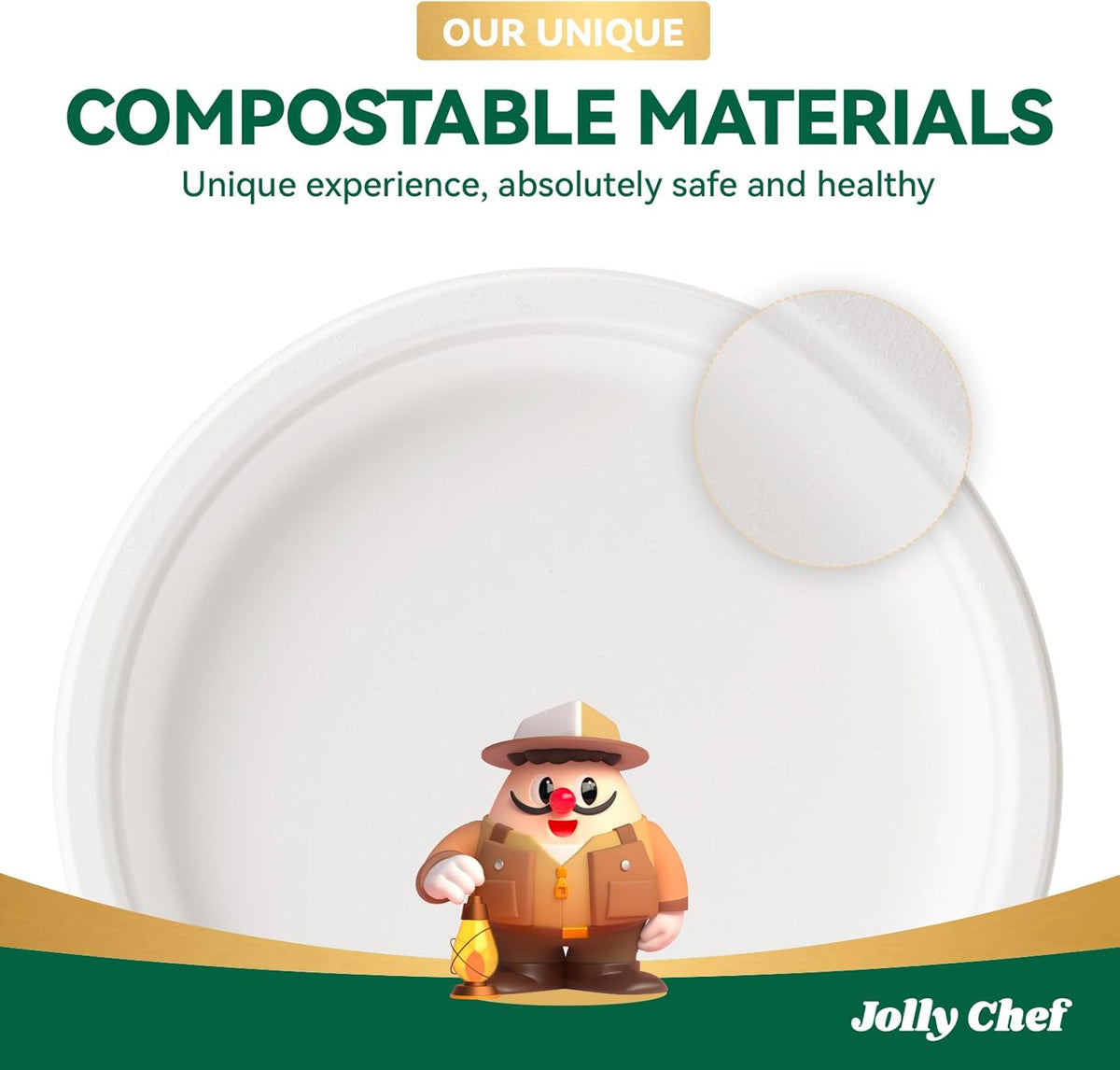 JOLLY CHEF Compostable Heavy Duty Plates 𝟭𝟬 𝗜𝗻𝗰𝗵 [𝟭𝟮𝟱 𝗣𝗮𝗰𝗸] Eco-Friendly Disposable White Paper Plates Made of Bagasse Biodegradable Bulk for Party Dinner Sugarcane Fibers Round 125 Count