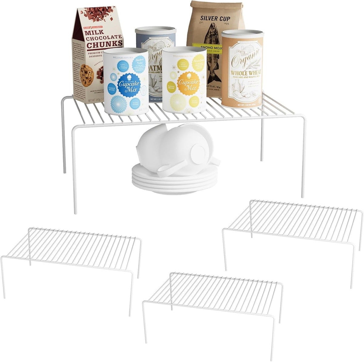 Medium(13 x 9.4 inch)White Cabinet Storage Shelf Rack Set of 4, Rustproof Metal Wire Kitchen Counter Organizers and Storage, Spice Organization for Cabinet, Plate, Dish, Pantry, Bathroom, Fridge