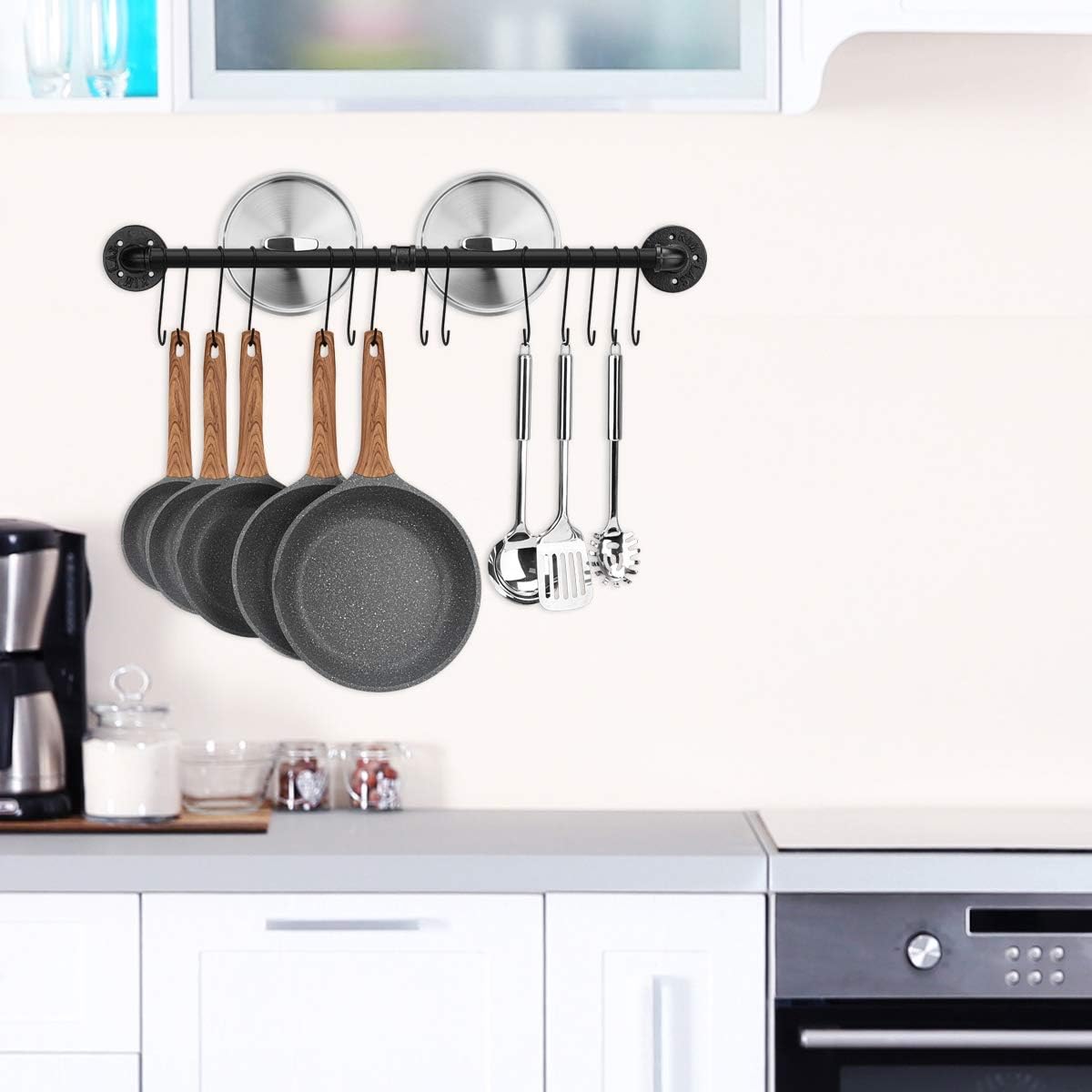 Toplife 31.5 inch Pot Rack, Kitchen Wall Mounted Detachable Pan Lid Utensils Organizer Hanging Rail with 14 Hooks, Black
