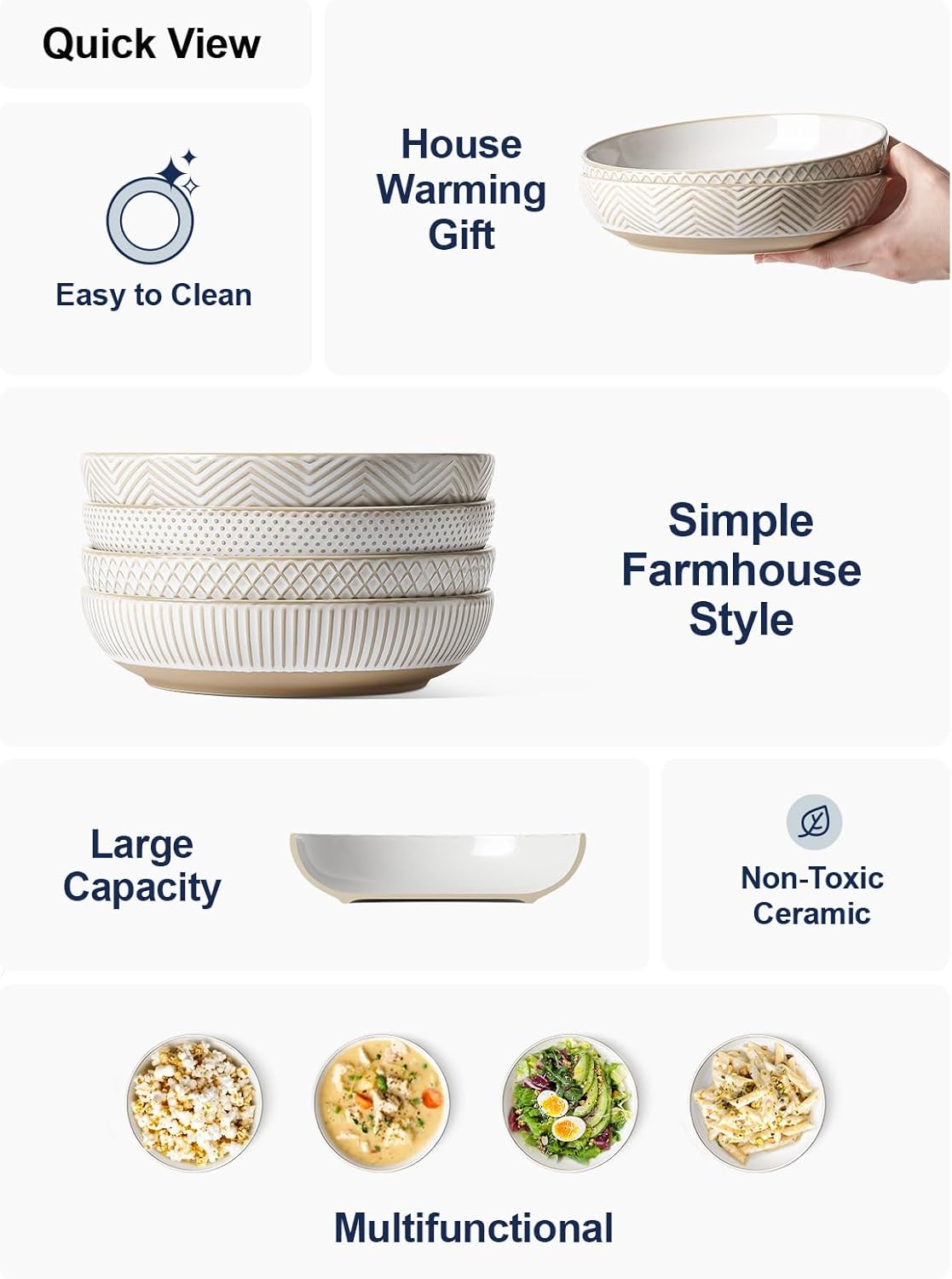 LE TAUCI Pasta Bowls 46oz, Large Salad Bowl, Ceramic Serving Plate, House-warming Wedding Present, Embossment Stoneware Bowl for Fruits, Noodle, Dinner - 9 Inch, Set of 4, Arctic White