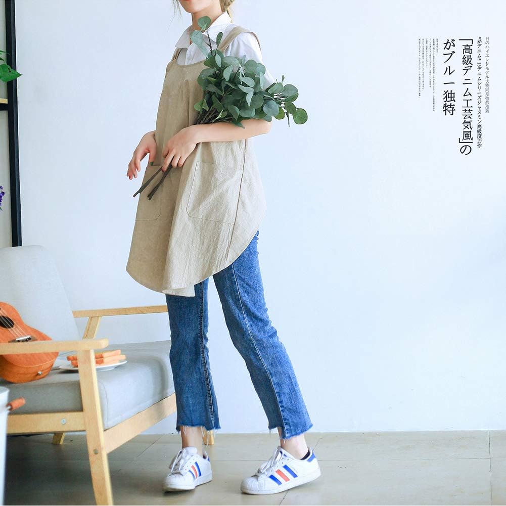 NEWGEM Japanese Linen Cross Back Cooking Aprons for Women Men with Pockets Cute for Baking Kitchen
