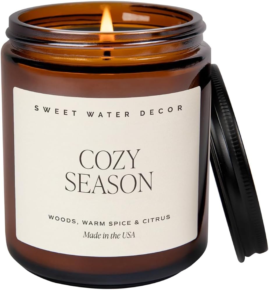 Sweet Water Decor Cozy Season Soy Candles - Fall Candles with Woods, Warm Spice, and Citrus Scent for Home Decor - Soy Candle with 40 Hours Burn Time - 9Oz Black Lid Amber Jar Candles Fall Scents