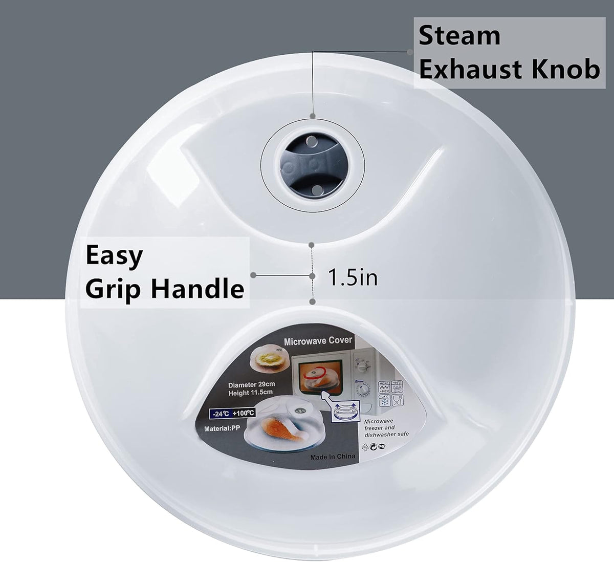 Microwave Splatter Cover for Food Large Microwave Plate Cover Guard Lid with Steam Vents, 1.5 Inch BPA Free & Dishwasher Safe-Grey
