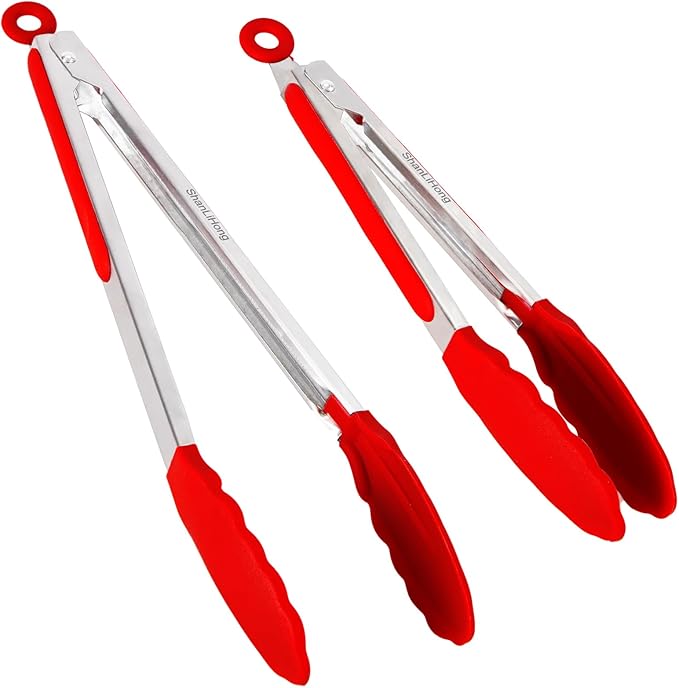 Silicone Kitchen Tongs for Cooking - 9+12 Inch Heat-Resistant Stainless Steel Cooking Tongs with Non-Slip Handle, Non-Scratch Tips for, BBQ, Salad & Air Fryer - 2-PieceRedSet