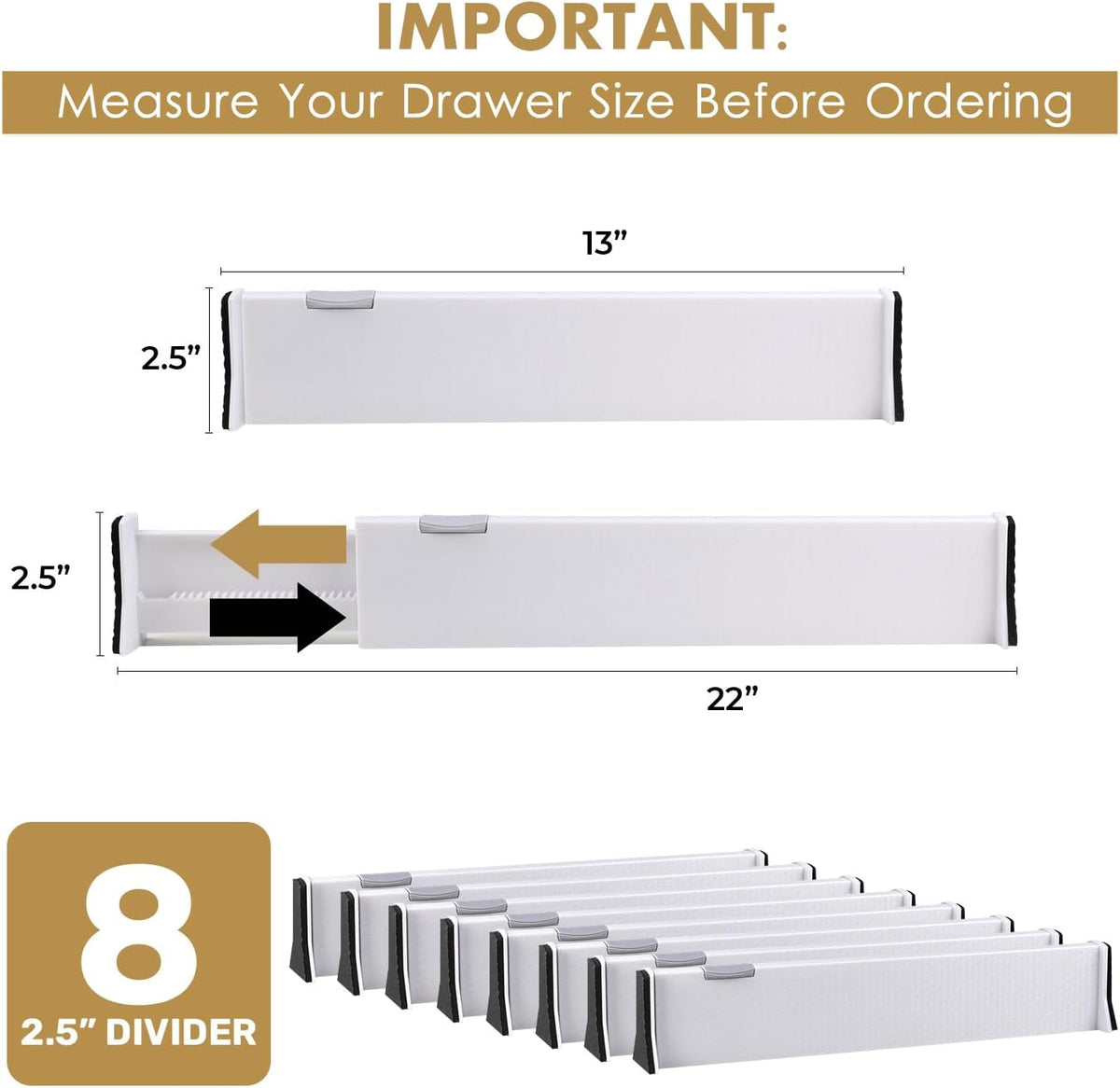 RAPTUROUS Adjustable Drawer Dividers, 2.5" Tall, Expandable 13-22", 8-Pack, Non-Slip for Dresser, Closet, Kitchen, Nursery, and Office (White)