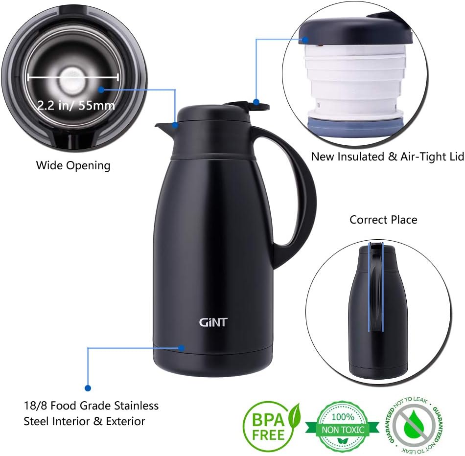 GiNT Stainless Steel Thermal Coffee Carafe, Double Walled Vacuum Water and Beverage Dispenser, 12 Hour Heat Retention, 65 OZ /1.9 Liter Black