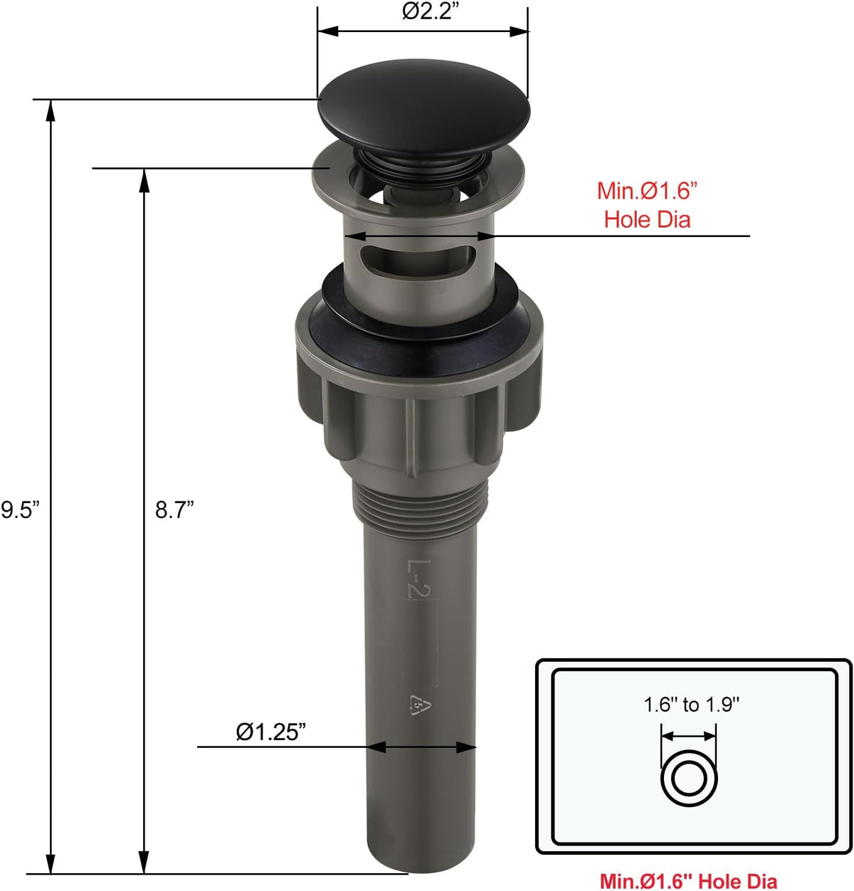 ARCORA Bathroom Sink Drain Matte Black Pop Up Drain with Overflow Vanity Vessel Sink Clicker Drain Stopper