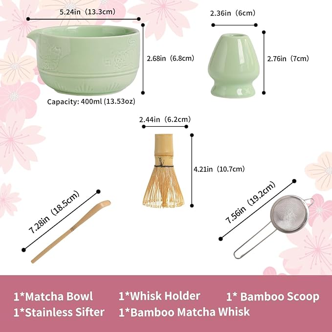 Matcha Tea Set, 5-Piece Ceramic Matcha Bowl & Whisk Kit with Cute Cat Pattern, Traditional Japanese Chawan, Scoop & Sifter, Perfect for Tea Ceremony, Gift for & Tea Lovers (green)