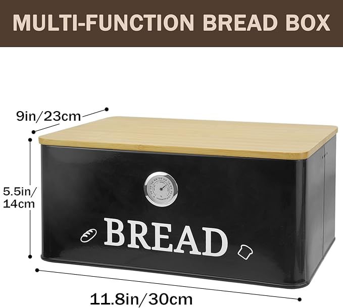 Black Bread Box for Kitchen Countertop with Bamboo lid, Hygrometer Kitchen Organizer for Sourdough, Buns, and Loaves, Bread Storage Container