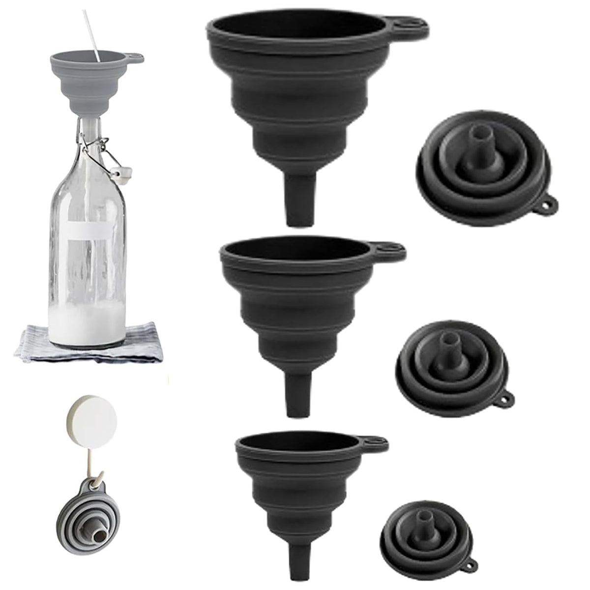 Kitchen Funnel Set, 2025 Upgrade Silicone Collapsible Funnel Silicone Collapsible Food Funnels for Kitchen 3 Sizes Funnels for Home Use Filling Bottles Daily Cooking (Black, 1Set 11+14+20g)
