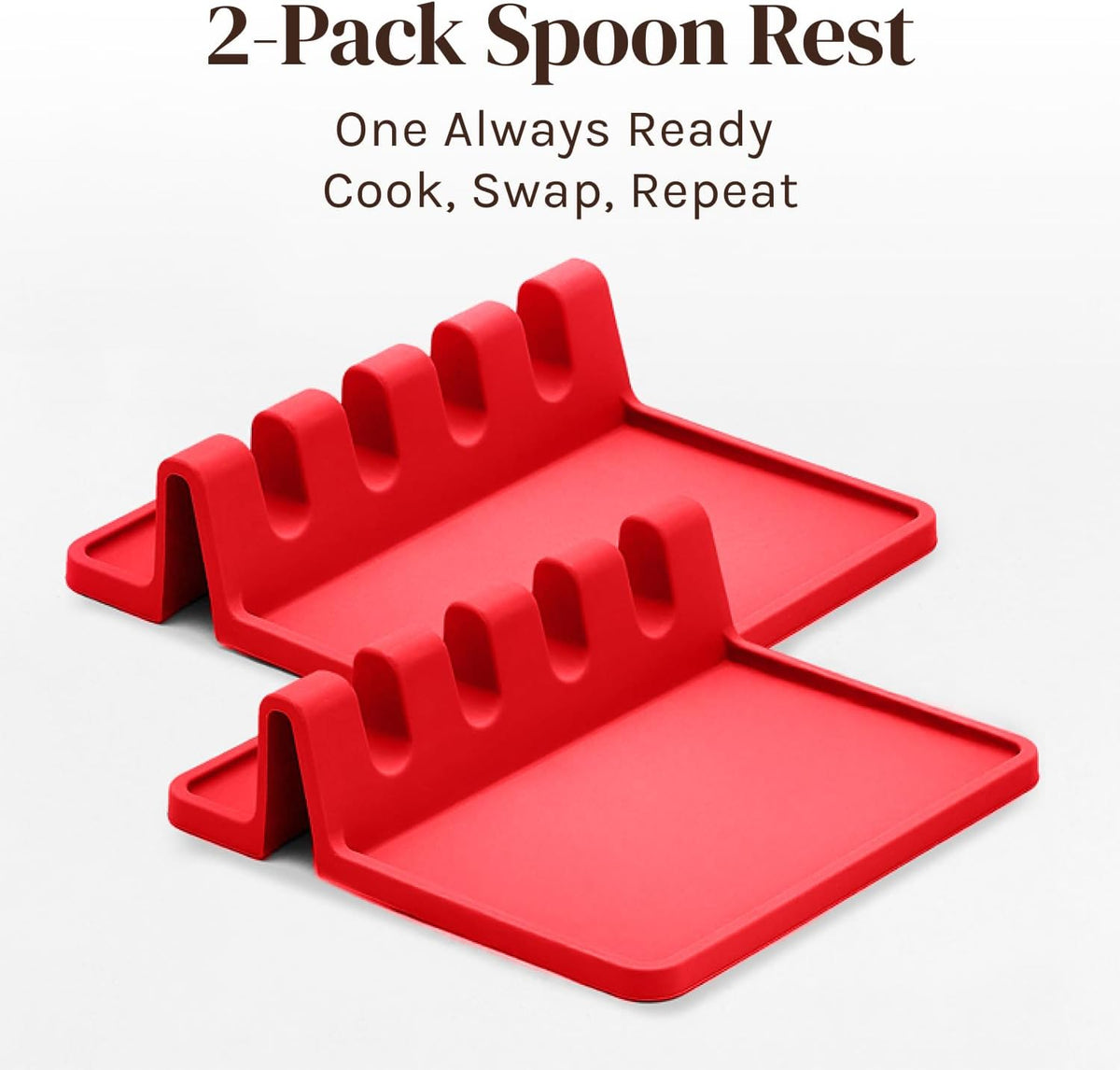 Red Silicone Spoon Rest for Stove Top with Drip Pad (Two Pack) - Heat-Resistant, BPA-Free Utensil Rest & Spoon Holder for Kitchen Counter - Grill Utensil Holder for Spatulas, Tongs, Ladles