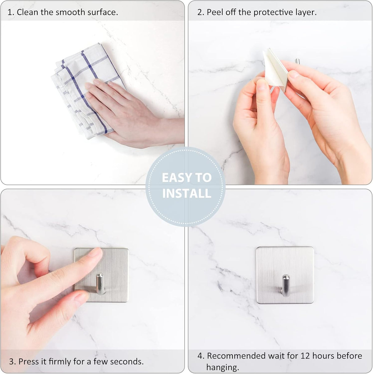 VIS'V Adhesive Hooks, Heavy Duty Shower Wall Stick on Hooks, Waterproof, 2 Extra Adhesive Strips, Silver, 4 Pcs