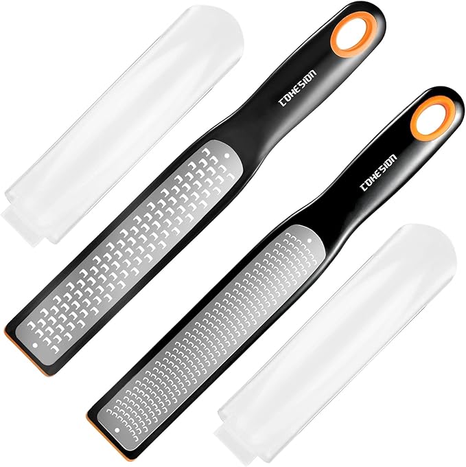 Cohesion Etched Zester & Grater Set of 2 - Kitchen Zester Tool for Lemon, Cheese, Garlic, Ginger, Nutmeg, Chocolate, Fruits, Vegetables - Sharp Premium Stainless Steel Blade with Protective Cover