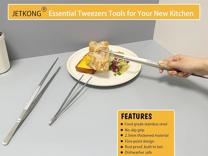 JETKONG 9 Inch Stainless Steel Kitchen Tweezers Multi-function Precision Serrated Tips Cooking Tweezers Chef Plating Tongs