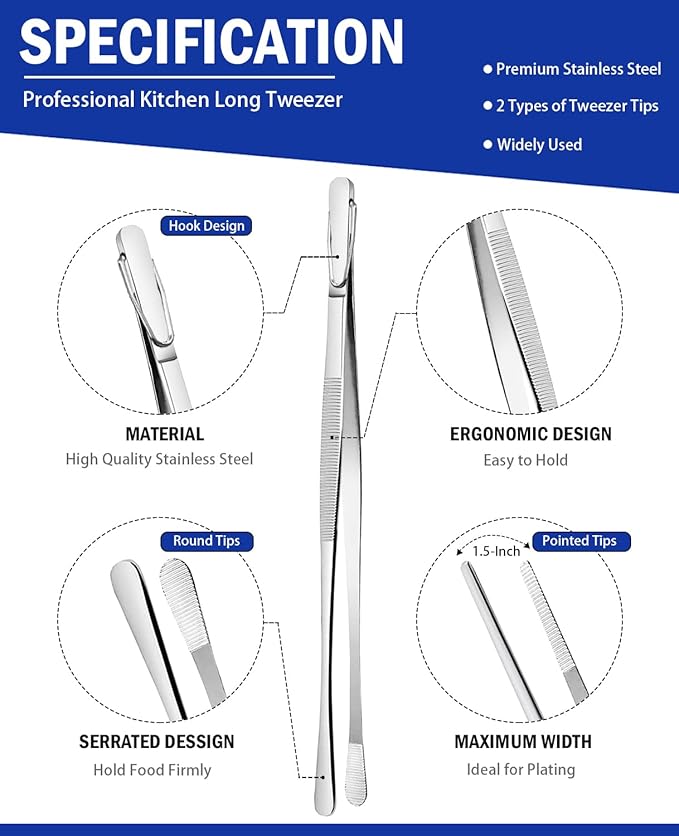 JETKONG 4 Pcs Kitchen Tweezers, 12'' and 10'' Stainless Steel Cooking Tweezers Set, High-Precision Tweezer Tongs for Cooking, Repairing, Seafood and BBQ (Silver)