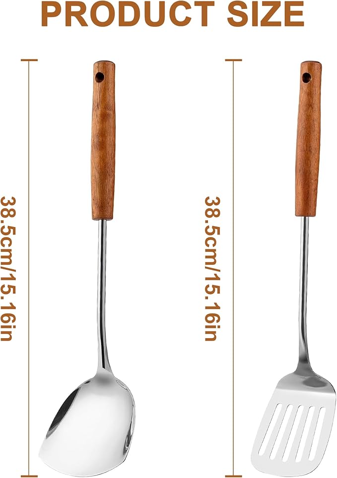 FJNATINH Spatulas and Turner Set - Stainless Steel Wok Tools, Wok Utensil,Stainless Steel Cooking Utensils 14.6-15.2" Kitchen Utensils Cookware (Wood Handle-Spatulas 2PCS)