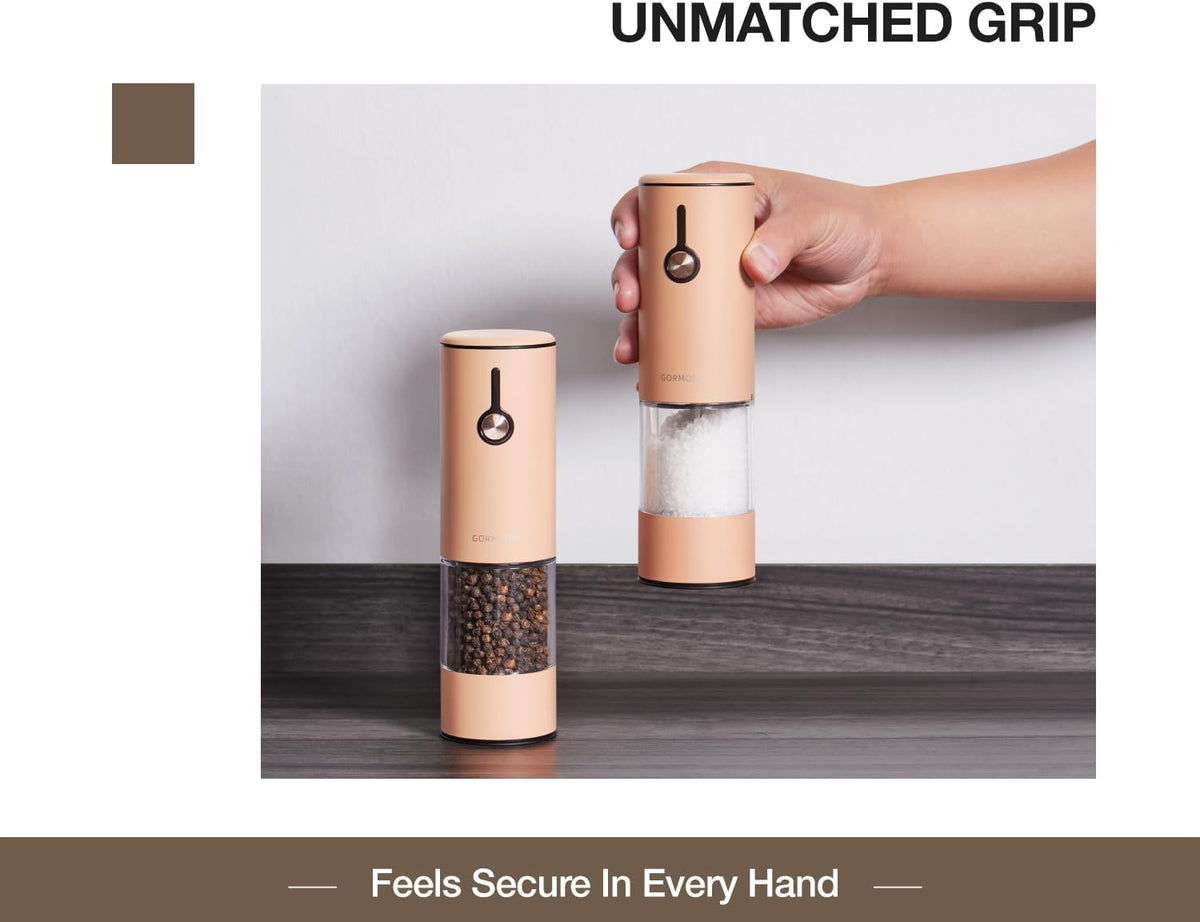Electric Pepper Grinder and Salt Mill Set - Large Capacity USB Rechargeable Automatic Grinder with Dual LED Lights, One-Handed Operation & Slide Cover - Brushed Stainless Steel