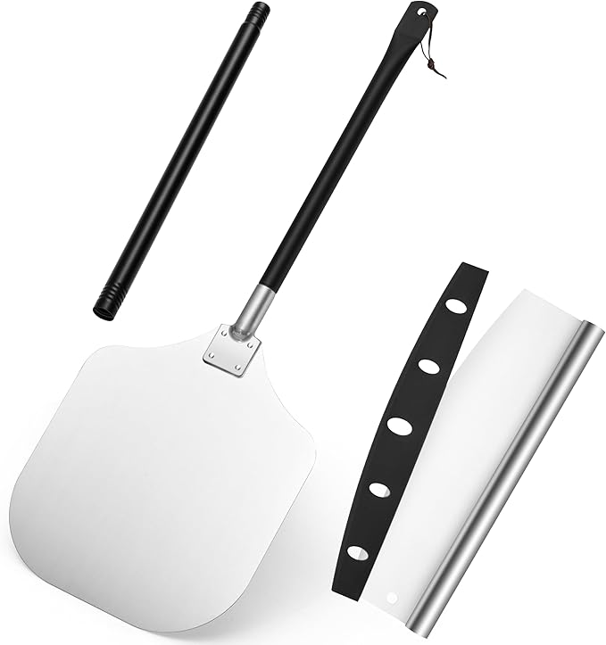 HaSteeL Aluminum Pizza Peel Spatula Set, 12 Inch Pizza Paddle Shovel, 14 Inch Metal Pizza Cutter Rocker, Pizza Oven Accessories Tools for Cooking Baking Turning Cutting, Long Detachable Handle