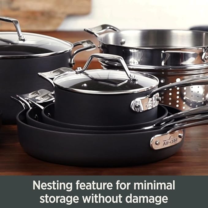 All-Clad Essentials Hard Anodized Nonstick Sauce Pan Set 4 Piece, 2.5, 4 Quart Oven Broiler Safe 500F Pots and Pans, Cookware Black