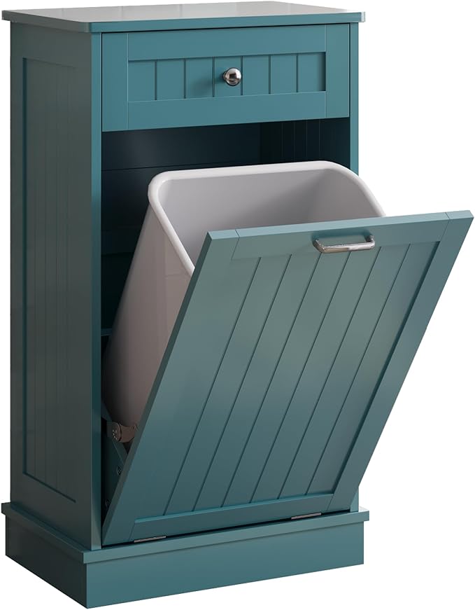 KIGOTY Tilt Out Trash Cabinet,Wooden Kitchen Trash Bin Holder Garbage Bin Recycling Cabinet Laundry Hamper with Solid Wood Countertop and Hideaway Drawer (Teal Blue)