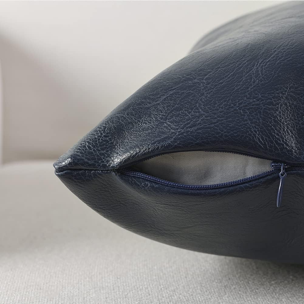 Fancy Homi Navy Blue Long Lumbar Waterproof Faux Leather Decorative Throw Pillow Covers 14x24 Inch for Outdoor Couch Bed, Modern Farmhouse Boho Home Decor, Hand Stitched Cushion Case 35x60 cm