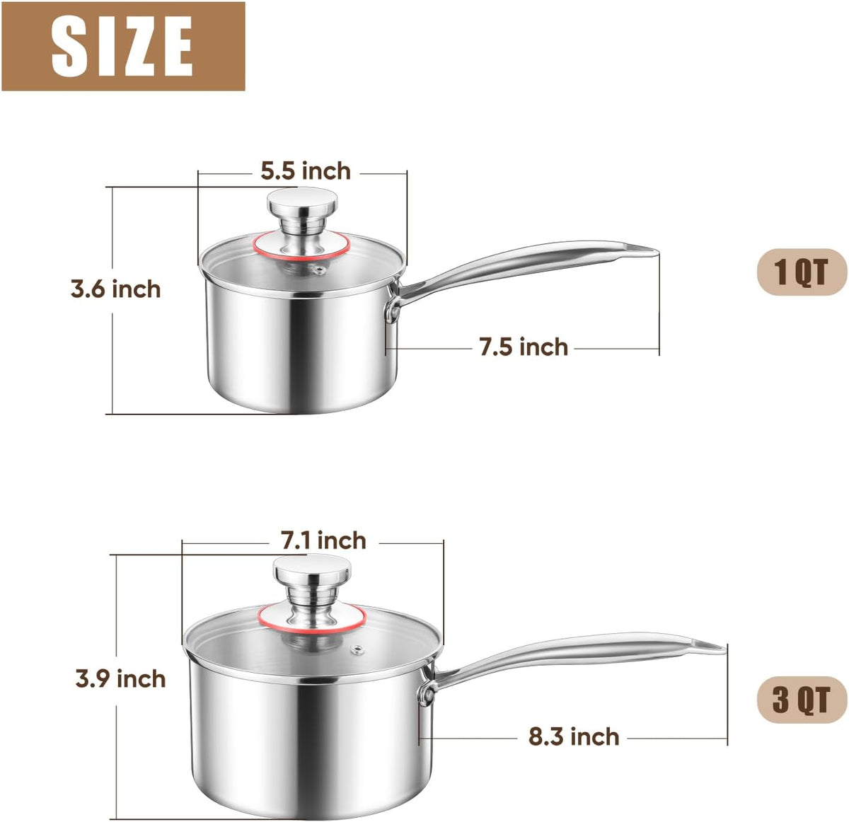 E-far Triply Stainless Steel Saucepan Set, 1Qt & 3 Qt Sauce Pan Pot with Lid for Cooking Pasta Warming Milk Boiling Water, Small Metal Cookware for Kitchen, Induction Ready & Heavy Duty