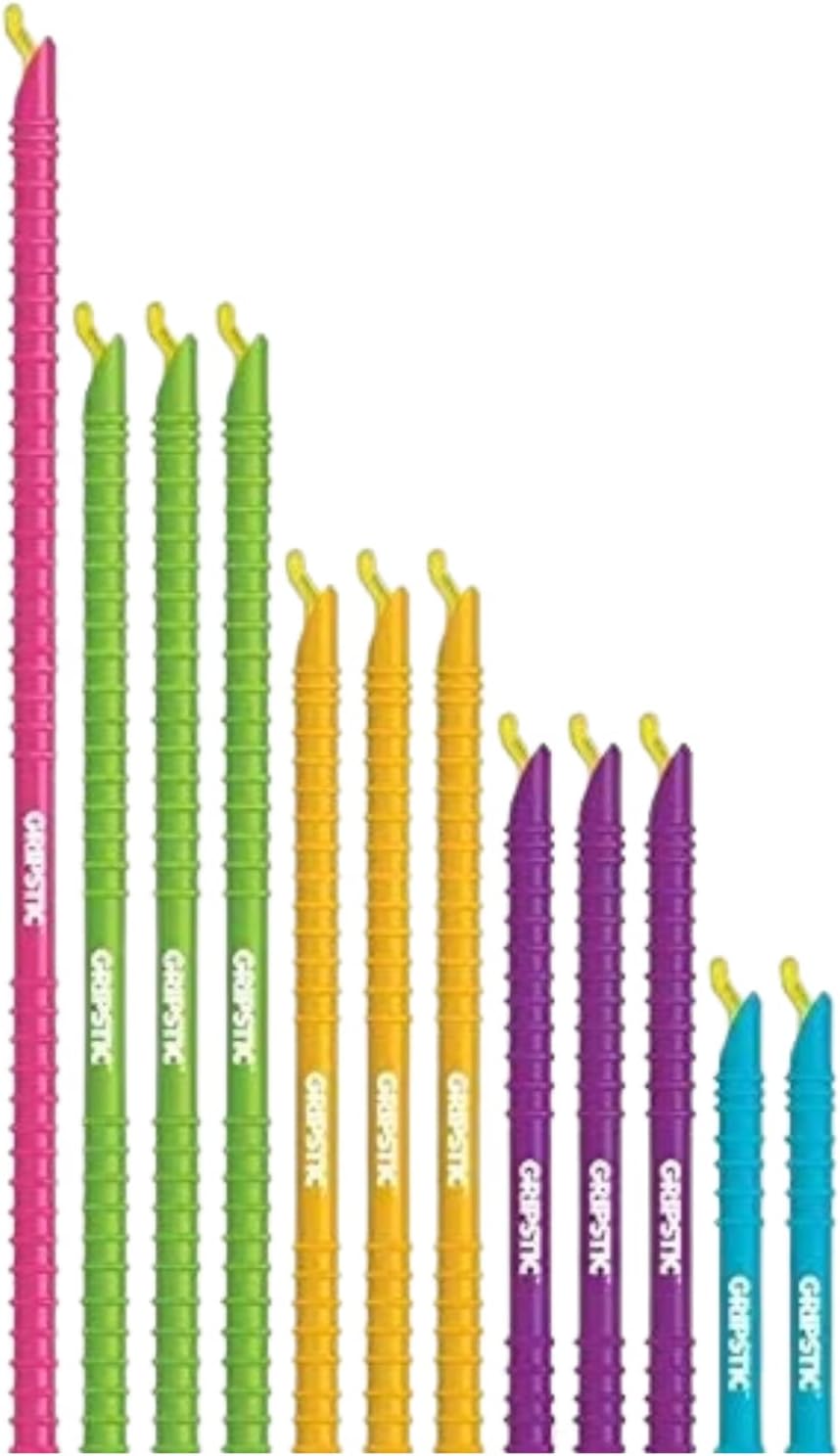 GripStic 12pc Assorted Bag Clips. Durable and reusable chip clips seal food bags air tight. Set includes: (2) 5" Blue, (3) 7.25" Purple, (3) 8.75" Orange, (3) 11.25" Green, (1) 13" Pink.