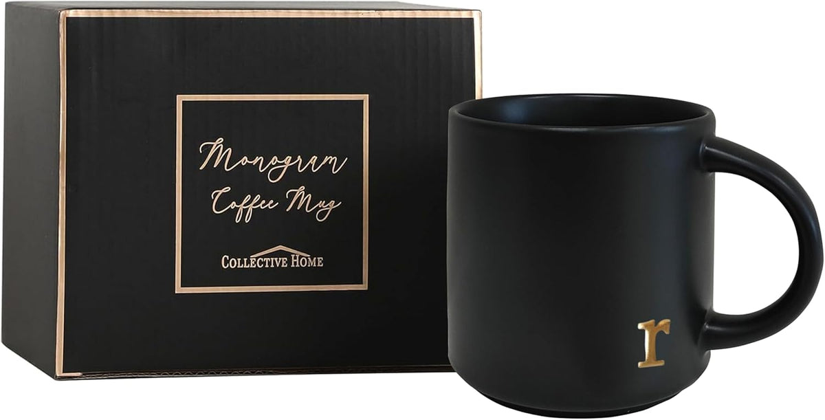 COLLECTIVE HOME - Black Monogram Ceramic Mugs, 15 oz Golden Initial Coffee Cups, Elegant Alphabet Tea Mugs, Personalized Halloween Mug with Gift Box, Perfect for Office and Home Décor (r)