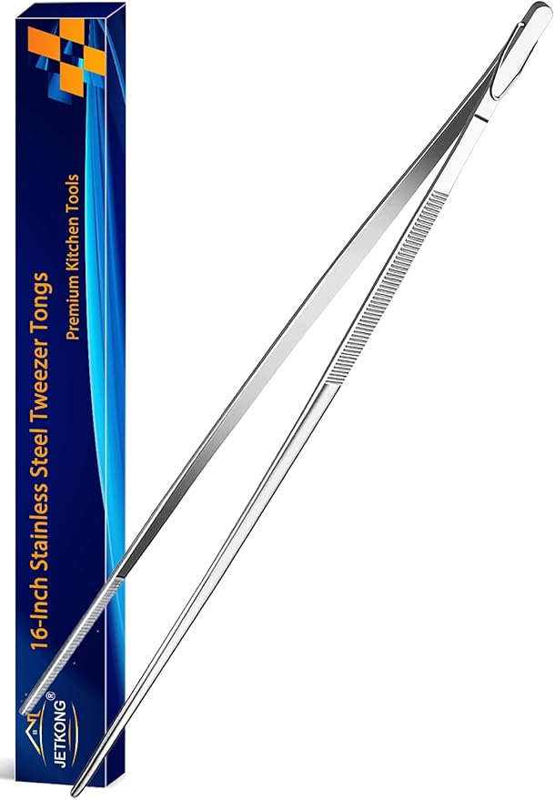 JETKONG 16-Inch Kitchen Tweezers Fine Tweezer Tongs Extra-Long Stainless Steel Cooking Tweezers (Point-Tips)