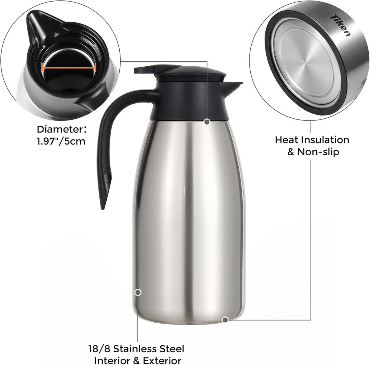 Tiken 85 Oz Thermal Coffee Carafe, Stainless Steel Insulated Vacuum Coffee Carafes For Keeping Hot, 2.5 Liter Beverage Dispenser (Silver)