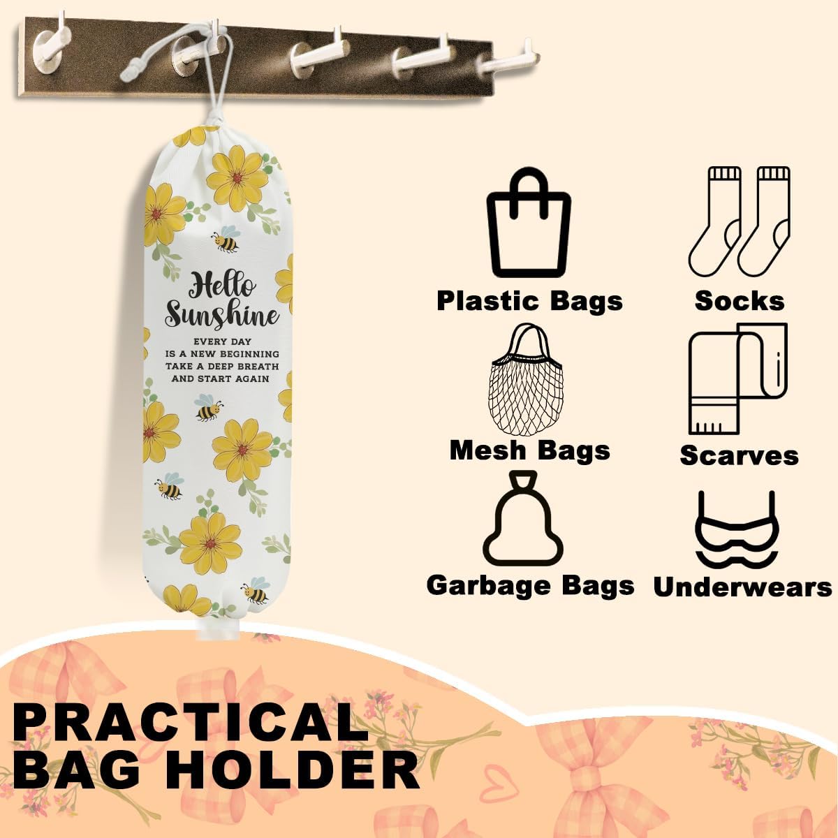 Rustic Floral Cute Bee Plastic Bag Holder for Kitchen Essentials, Wall Mount Grocery Bag Holder for Plastic Bags, Hello Sunshine Reusable Grocery Bags Storage Dispenser for Home Kitchen Farmhouse