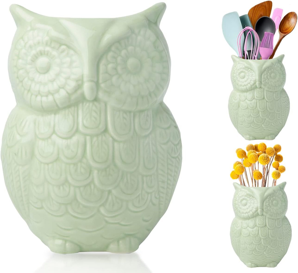 Comfify Owl Utensil Holder Decorative Ceramic Cookware Crock & Organizer, in Lovely Green Color - Utensil Caddy and Perfect Kitchen Ceramic Decor Gift - 5” x 7” x 4” Size