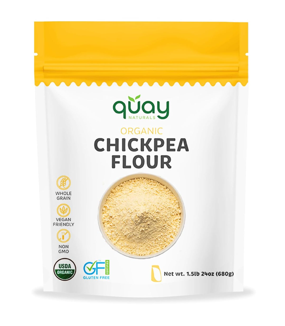 Quay Naturals Organic Chickpea Flour, Garbanzo Bean Flour, 1.5 lb, Non-GMO, Gluten-Free, Vegan. Ideal for Baking, Frying, Flatbreads & Grain-Free Cooking.