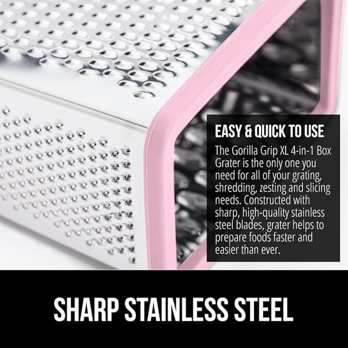 GORILLA GRIP 4-Sided 100% BPA-Free Cheese Grater With Container, Stainless Steel XL Box Graters, Parmesan Shredder, Grate Cheeses, Shred Veggies, Slip Resistant Handle, Dishwasher Safe Zester, Pink