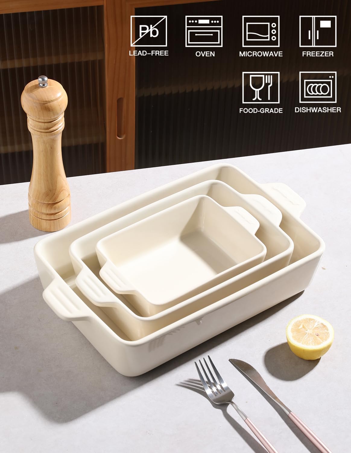 Sweejar Ceramic Bakeware Set, Rectangular Baking Dish for Oven Lasagna Pans for Cooking, Kitchen, Cake Dinner, Banquet and Daily Use, 11.8 x 7.8 x 2.76 Inches of Casserole Dishes (Beige)