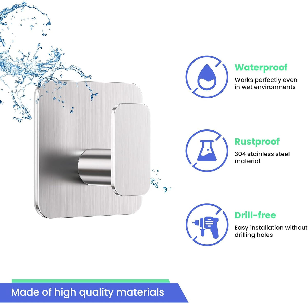 Silver Hooks for Hanging Heavy Duty, Adhesive Hooks for Shower, Bathroom, Kitchen, Robe, Towel, Coat, Waterproof & Rustproof Hook for Walls No Damage, Stainless Steel Sticky Hook - 4 Pack